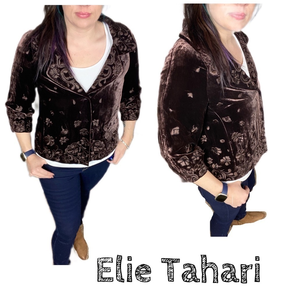Elie Tahari Chocolate Brown Velvet Embroidered Blazer